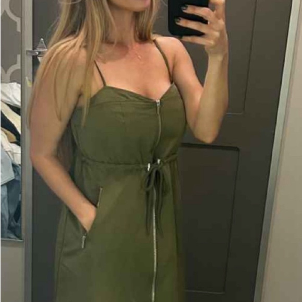 Elegant Olive Green Satin Dress - Picture 3 of 6